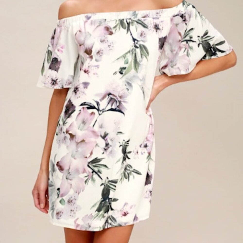 Dream of You Ivory Floral Print Off-the-Shoulder Shift Dress